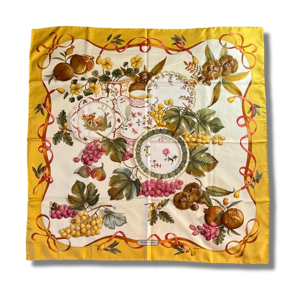 Vintage Salvatore Ferragamo Silk Scarf Art de la Table Still Life Ceramics 34"